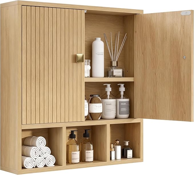 Bathroom Wall Cabinet,Wooden Medicine Cabinet with Fluted Doors Over The Toilet Storage Cabinet with Adjustable Shelf for Bathroom,Wood
