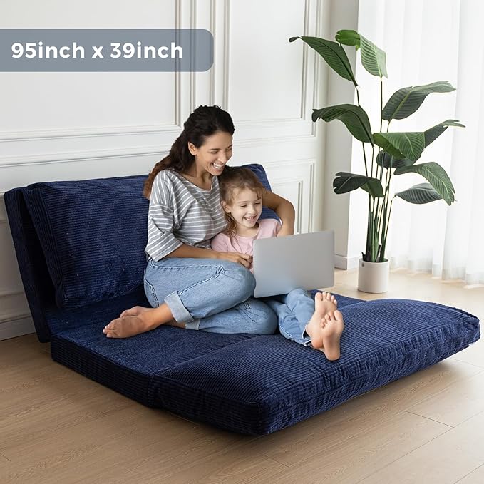 MAXYOYO Folding Sofa Bed, Extra Thick and Long Floor Sofa Convertible Sleeper Chair with Washable Cover, Floor Couch Lounge Bean Bag Bed for Living Room, Navy, 39x95 Inch