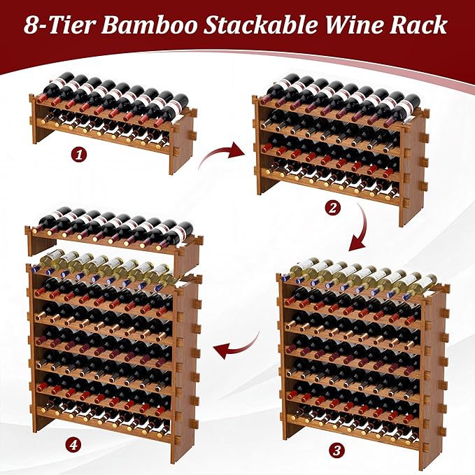 VASMIA Bamboo Stackable Wine Rack,72 Bottles Wine Rack Freestanding Floor,No Tools Assembly,8-Tier Display Wine Storage Shelf for Kitchen, Bar, Dining Room,Cellar,Walnut