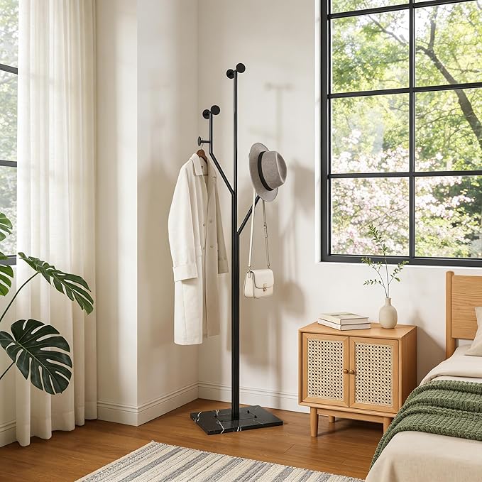 JIAYUEJU Freestanding Coat Rack Tree-shaped Metal Coat Tree with Heavy Duty Marble Base Corner Clothing Rack for Bedroom Entryway Hallway 14.96 x 10.24 x 68.9 Inches (Black)