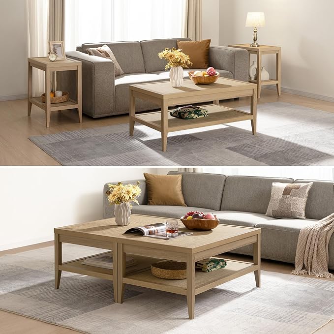 SICOTAS Rattan Coffee Table for Living Room - Boho Rectangular Dining Center Table with 2 -Tiers Rattan Storage Shelf, Farmhouse Accent Table for Living Room, Home Office, Light Oak