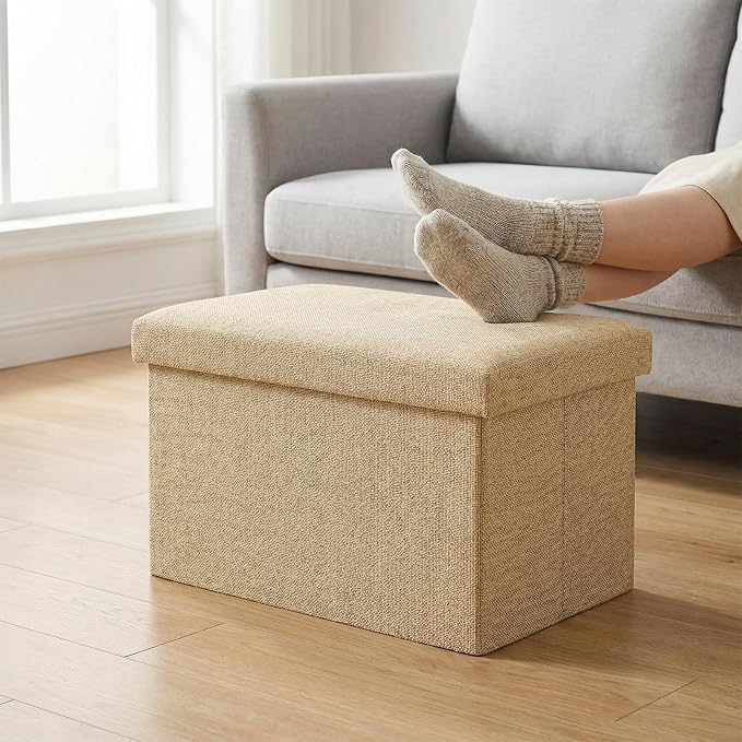 HOZEON 3 Pack 15.7 x 9.8 x 9.9 Inches Folding Storage Ottoman, Khaki Rectangle Footrest Seat, Multifunctional Foot Stool for Living Room, Office, Traveling, Fishing, Camping