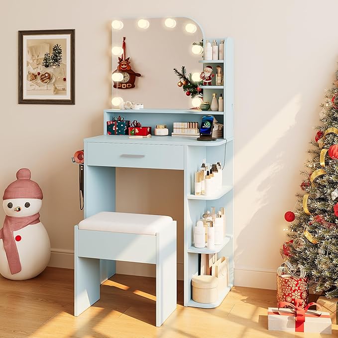 wanan Makeup Vanity with Chair, Small Vanity Desk with Mirror and Lights 3 Colors, Girls Vanity Set with Power Outlet, Compact Vanity Table for Small Space, Sky Blue