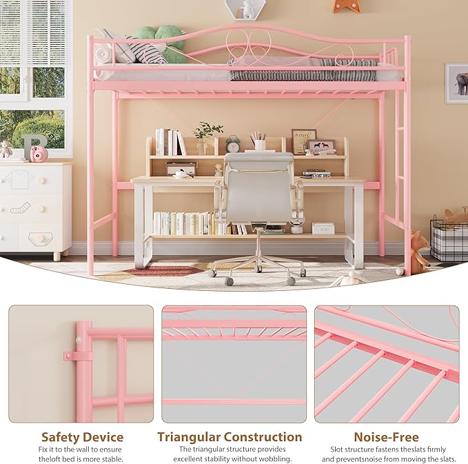 IDEALHOUSE Loft Bed Twin Size with Ladder & Full Safety Guardrail, Heavy Duty Metal Twin Loft Bed 400 Lbs Load Capacity, Space-Saving, Noise Free, No Box Spring Needed, Easy Assembly, Pink