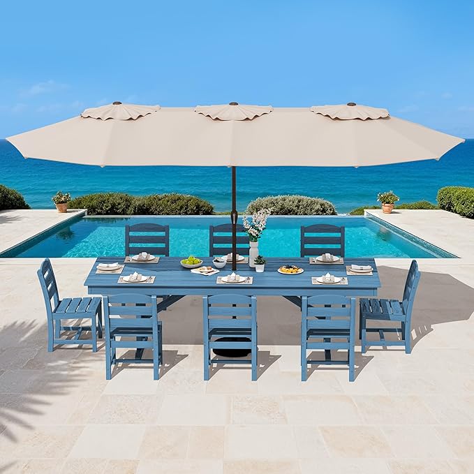 SERWALL 9 Piece Outdoor Dining Set, 84" HDPE Outdoor Table and Armless Chairs Set for 8,All Weather Patio Furniture Set with Umbrella Hole for Backyard, Garden, Blue