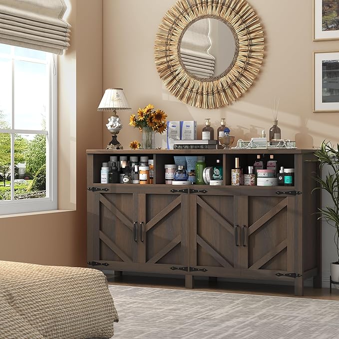 knoworld Buffet Sideboard with Storage Farmhouse with 4 Doors, 55'' Large Kitchen Storage Cabinet Wood Coffee Bar Cabinet Buffet Table with Shelves for Kitchen, Dining Room, Entryway (Brown, 55in)