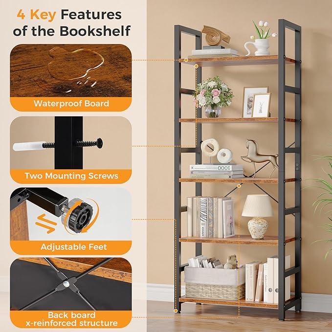 DUMOS 5-Tier Bookshelf, Modern Tall Bookcase, Open Storage Display Shelf for Living Room, Bedroom, Home Office, Narrow Standing Shelving Unit for Books, CDs, Décor,Rustic Brown