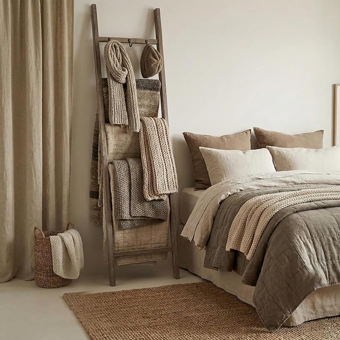 Wooden Blanket Ladder - Natural & Motley Wood - Leaning Wall Decor for Bedroom, Bathroom, Living Room - Rustic Quilt Holder & Towel Rack (Burnt Brown, 76in(6-Tier))