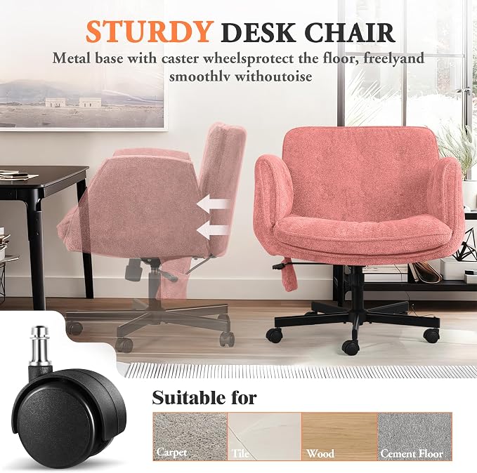 Criss Cross Chair with Lumbar Airbag & Folding Arms Relieve Back Pain, Wide Cross Legged Office Chair for Home Office, Comfy Swivel Desk Chair with Wheels, 5 Level Adjustable Armrest, Chenille(Pink)