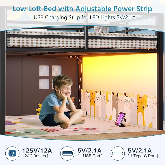 Dnxao Low Loft Bed Full Size with 9 Drawers and 2 Bookcases, Bed Frame for Kids with Charging Station & LED Lights, 15" H Safety Guardrail Metal, Under-Bed Play Space, Vintage Brown