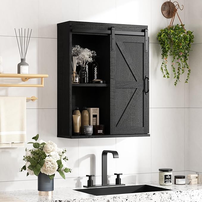 RUSTOWN Farmhouse Wood Wall Storage Bathroom Cabinet with Sliding Barn Door, Rustic Medicine Cabinet with Adjustable Shelf, 3-Tier Vintage Cabinets for Kitchen, Bathroom, Living Room (Black)