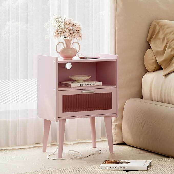 MMEOLUOOK Nightstand with Charging Station, Bedside Tables Pink End Table Side Table with 2 Tiers Storage Space, for Bedroom Living Room MLBZ07PE