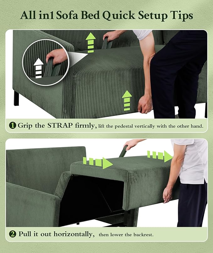 Welzona 47.2" Convertible Sofa Bed Couch, Comfy Corduroy Loveseat Sleeper Sofa, 620lbs Capacity Couch Bed, Easy Setup Love Seat Sleeper Bed with 2 Pillow, Small Couches for Living Room/Office, Green