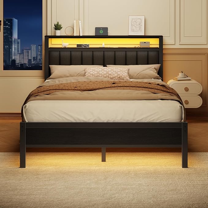 Furnulem Queen Size Bed Frame with Charging Station and LED Lights, Platform Bed with Metal Slats, Grey Upholstered Headboard with 2-Tier Storage Shelves, No Box Spring Needed