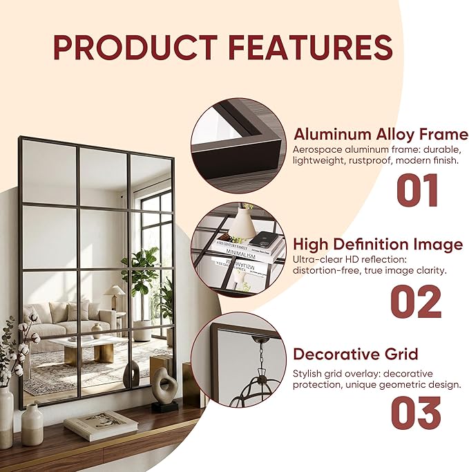 Suidia Wall Mirror, 32" x 72" Window Decorative Mirrors, Metal Framed Wall Decor Wall-Mounted Mirrors for Bedroom, Living Room, Entryway, Bronze