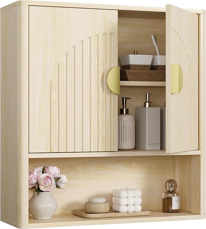 Lulive Bathroom Wall Cabinet with Adjustable Wood Shelf, Fluted Medicine Cabinet with 2 Doors, Over The Toilet Storage Cabinet for Laundry Room, Kitchen, Living Room, Natural
