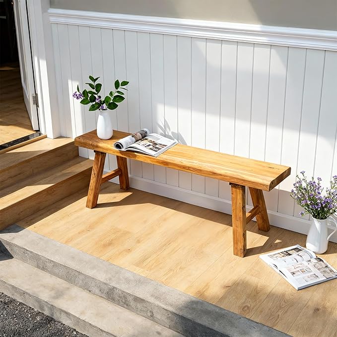 Rustic Solid Wood Bench Indoor, Farmhouse Entryway Bench with Sturdy Legs, Skinny Narrow Bench for Dining Hallway Entry Foyer End of Bed (31.49 inch Length)