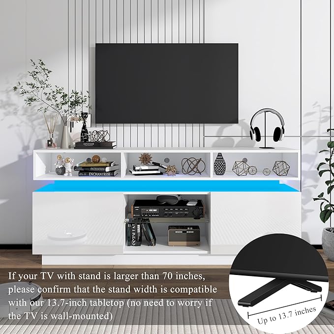 chartustriable LED TV Stand for 75 Inch TV, Modern Tall Entertainment Center with Power Outlets, High Gloss TV Stand, Gaming TV Media Console with Glass Shelf for Living Room, 63 Inch, White