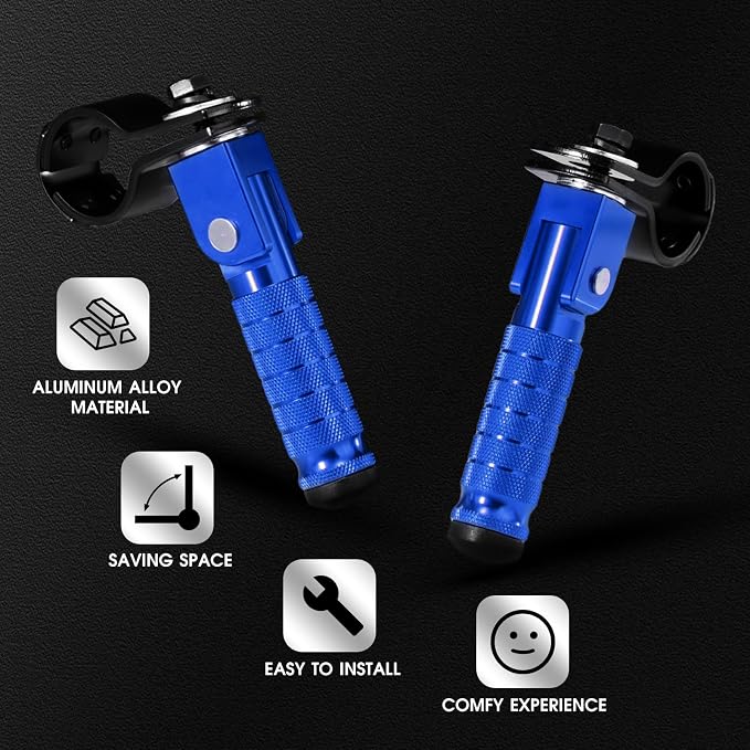 90 Degree Foldable Footpegs M8 Motorcycle Foot Pegs CNC Anti-Skid Footrest Passenger Pedal for Motorbike Mini Bike Dirt Pit Bike (Blue)