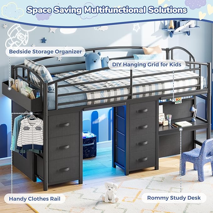 Twin Low Loft Bed with Desk, 7 Storage Drawers & LED Lights, Kids Metal Loft Bed with 13.8" H Safety Guardrail, Underbed Play Space & Curtain, Anti-Collision Pad (Black)