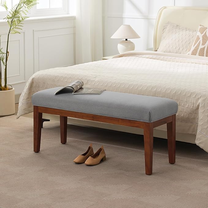 WUTUTUEE 43.5'' Linen Bedroom Bench, Upholstered End of Bed Bench, Padded Vintage Dining Bench, Entryway Bench with Solid Wood Legs, Kitchen, Living Room, Hallway, Light Grey