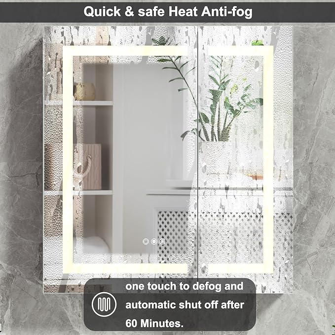 20x26 Bathroom Mirror LED Medicine Cabinet with Lighted 3 Colors, Recessed Surface Wall Mounted LED Medicine Cabinet, Anti-Fog Tempered LED Mirror with Storage, Stepless Dimming, 2 Outlets