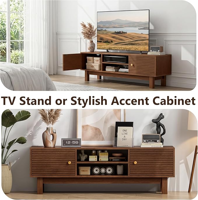YOSHOOT Mid Century TV Stand for 55 inch TVs, Modern Entertainment Center with Storage Cabinets, Solid Wood Media Console with Open Shelves for Living Room & Bedroom, Antique