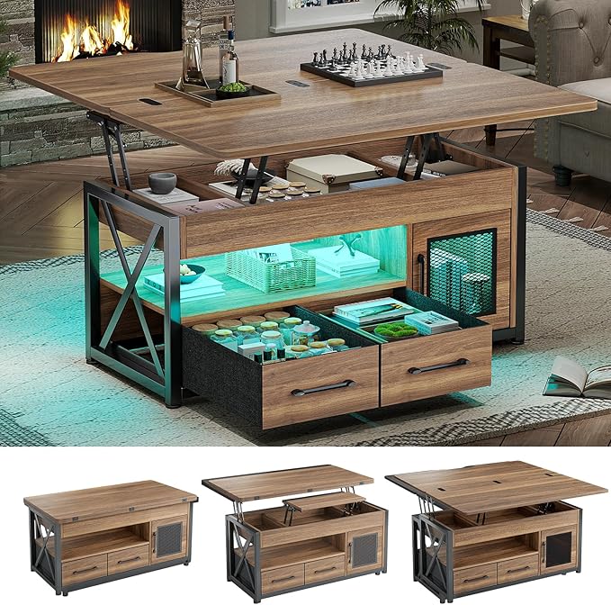 Itaar 40" Lift Top Coffee Table, 4 in 1 Coffee Tables with Storage Cabinet for Living Room, Small Farmhouse Coffee Table with 2 Fabric Drawers & LED Light for Dining Room, Walnut