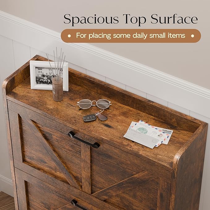 MU Shoe Storage Cabinet with 2 Flip Drawers, Freestanding Shoe Rack Cabinet with Metal Legs, Hidden Shoe Organizer Cabinet for Entryway, Living Room, Rustic Brown