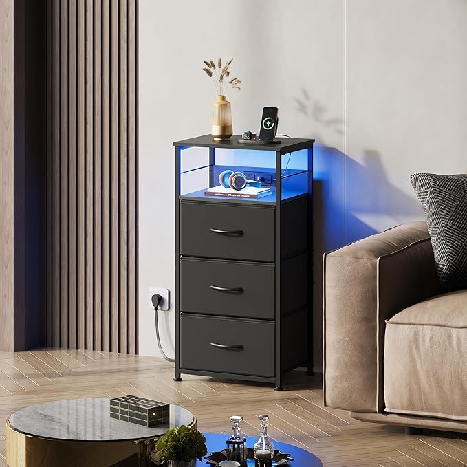 WLIVE Nightstand with Charging Station, 31.9" H Nightstand with 3 Fabric Drawers, LED Bedside Table with USB Ports and Outlets, End Table for Dorm, Bedroom, Entryway, Black