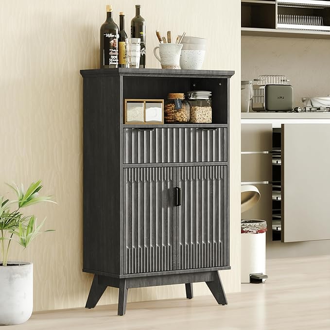 FLOWBACK Fluted Cabinet, 40'' High Coffee Bar with Drawer & Door, Small Decorative Cabinet Bathroom Storage with Open Shelf, Wood Kitchen Pantry Sideboard Buffet