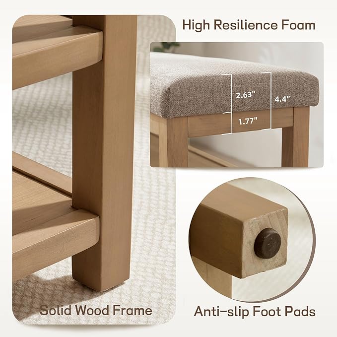Zihanhome 2 Tier Shoe Rack Bench with Cushion, Solid Wood Shoe Benches, Mid-Century Modern Shoe Storage Bench for Entryway, Hallway, Living Room, Closet, Front Door Entrance, (Brown, 31.5")