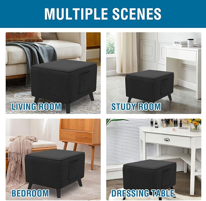 H.VERSAILTEX Square Ottoman Cover Fit Length 24"-25" Footrest Durable Linen Look Fabric Ottoman Slipcover Thick Soft Footrest Stool Covers for Square Ottoman Removable Washable - Heather Black