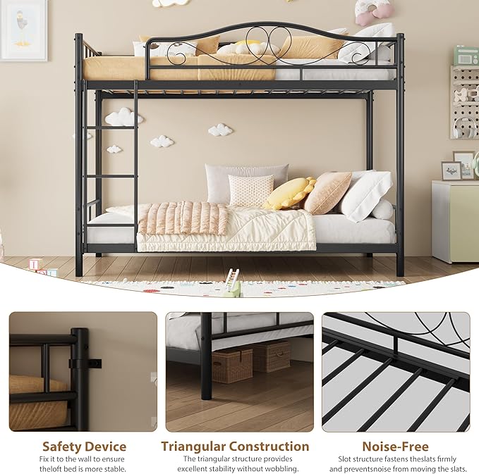 IDEALHOUSE Bunk Bed Twin Over Twin with Ladder & Full Safety Guardrail, Heavy Duty Metal Twin Over Twin Bunk Bed 400 Lbs Load Capacity, Space-Saving, Noise Free, No Box Spring Needed, Easy Assembly, B