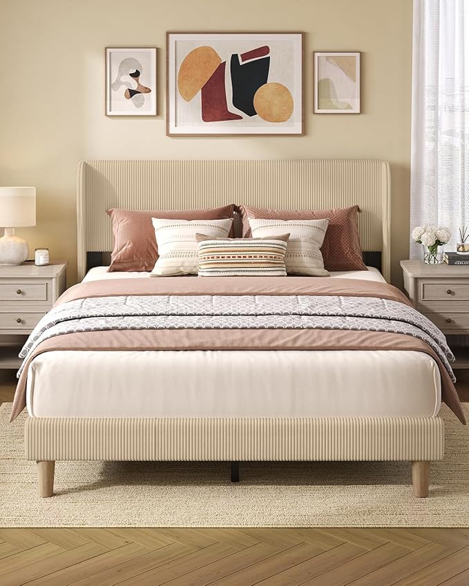 Bestier Platform Queen Size Bed Frame with Wingback Headboard,Upholstered Queen Bed with Strong Wooden Slats,No Box Spring Needed,Never Squeaks,Easy Assembly,Taque