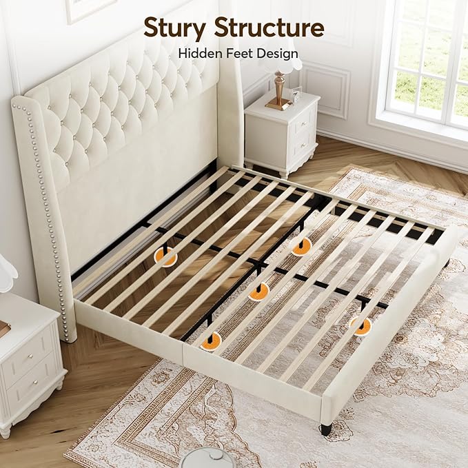 Queen Bed Frame with 55" Tall Headboard, Upholstered Bed Frames, Soft Fabric, Button Tufted Headboard with Windback, Platform Bed, Noise-Free, No Box Spring Needed, Beige