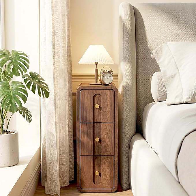 Narrow Nightstand Set of 2, Small Bedside Table with 3 Drawers, Mid Century Modern Skinny Night Stand with Storage, Wood Slim Side Table for Bedroom, Small Spaces, Living Room (Walnut-2pcs)