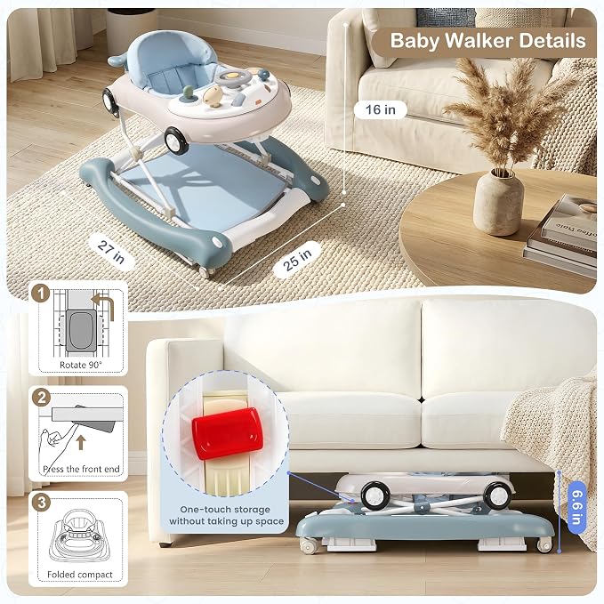 Baby Walker, 5-in-1 Baby Walker for Boys and Girls with Bouncer, Removable Footrest, Music, Foldable & Adjustable Speed Wheels Activity Walker for 6-18 Months Toddler Infant(Haze Blue)