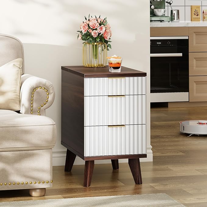 Kalrin Charging Nightstand with Hidden Outlets & 3 Drawers, Modern End Table, Bedside Table with USB Ports, Wave Groove Design, Compact Size, Heavy Duty Engineered Wood, Brown & White