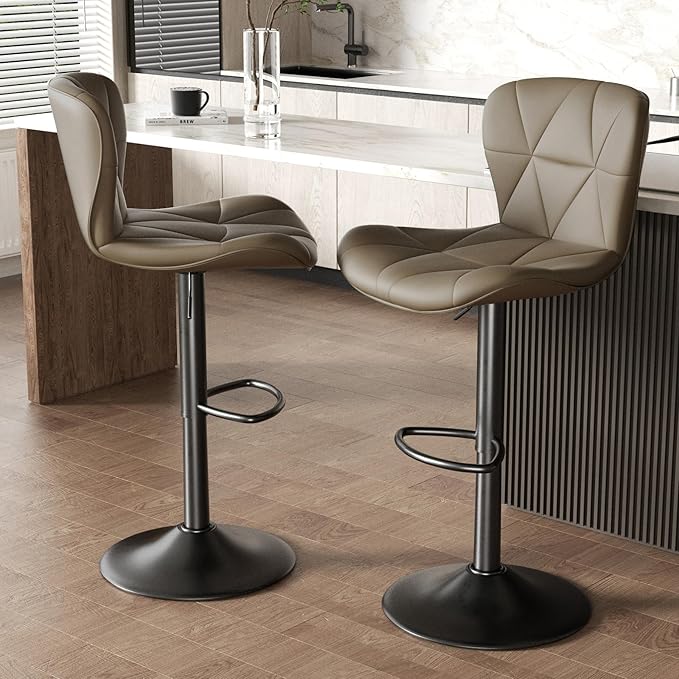 Nalupatio Modern Bar Stools Set of 2, Adjustable Faux Leather Upholstered Swivel Bar Stools, Counter Height Bar Chairs with Back for Kitchen Island, Dark Khaki