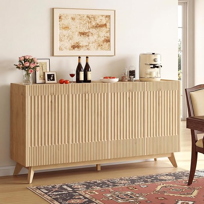Fatmok 65" Large Sideboard Buffet Cabinet with Storage, Set of 2 Modern Fluted Credenza Buffet Tables with Doors & Adjustable Shelves for Living Room, Kitchen, or Dining Room, Natural Oak