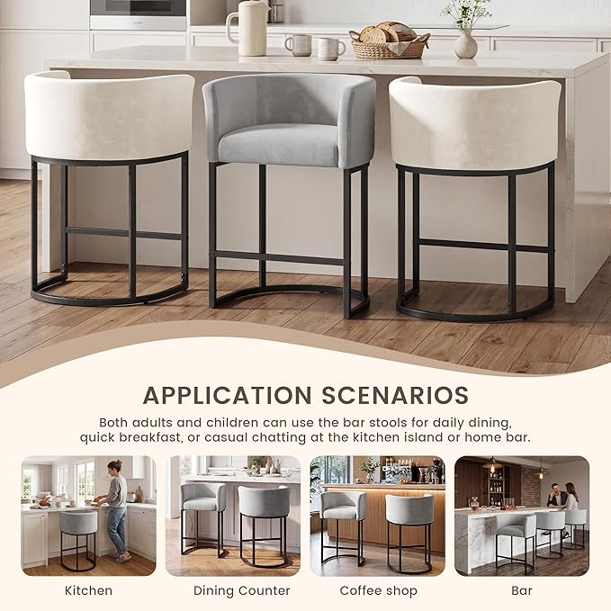 GRUSIGN Chenille Counter Height Bar Stools Set of 4, 26" Kitchen Island Stools with Arms & Footrest, Upholstered Barrel Back Bar Chairs for Kitchen, Dining Room, Bar & Lounge Area, 450 lbs, Grey