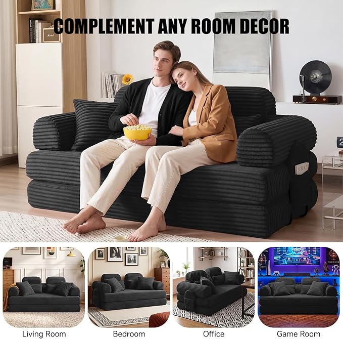 78.8" Convertible Sofa Bed with High Backrest Headrest, 5-in-1 Corduroy Boneless Couch with Side Pocket, Sleeper Loveseat Couch Bed Sectional Couches for Living Room, No Assembly, Black