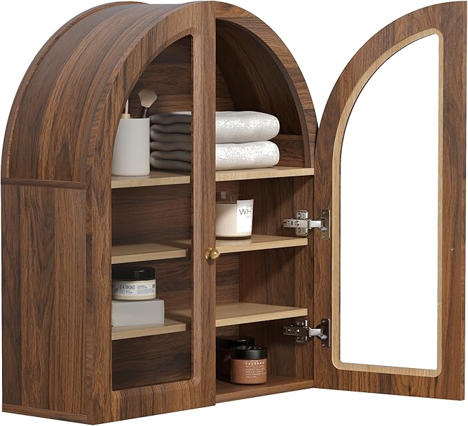 EYYTHUNG Fluted Arched Wall Cabinet, Large Wood Bathroom Medicine Cabinet Wall Mounted Cupboard, Modern Floating Storage Cabinet with Acrylic Door Adjustable Shelf, Organizer, Brown-Oak