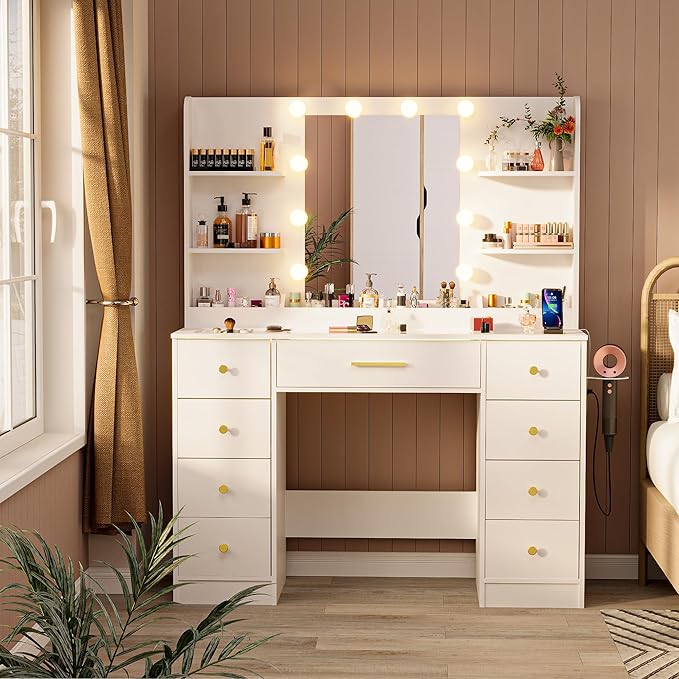 LAKEMID Vanity Desk with Mirror and Led Lights, Glass Top Makeup Table with 9 Drawers & Power Outlet,3 Lighting Modes & Adjustable Brightness,White Vanity Dressing Table for Women Girls Bedroom