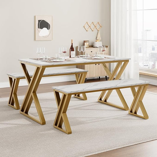GAOMON Dining Table Bench Set for 4, Kitchen Table Set With 2 Benches, Rectangular Dining Room Table Set With Faux Marble Tabletop, Sturdy Metal Frame, Saving Space for Kitchen, Dining Room, Apartment