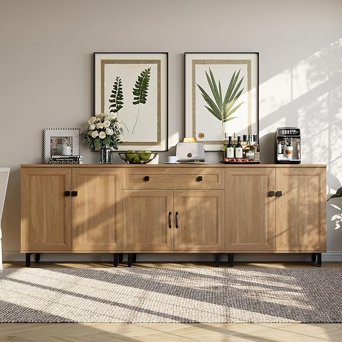 FENSULN Buffet Sideboard Cabinet Farmhouse 3 in 1 Modern Storage Cabinet with Drawer and Doors for Kitchen, Coffee Bar, Living Room, Oak