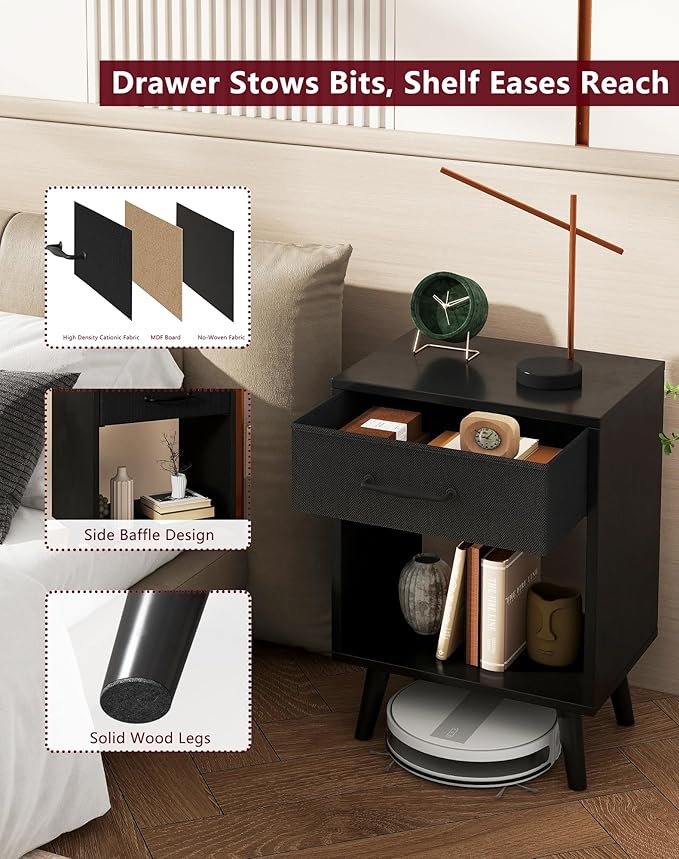 YMYNY Nightstand Set of 2, Bedside Table, Side Table with Fabric Drawer, Handle and Open Compartment, Solid Wood Legs, Wooden Coffee Table for Bedroom, Black UHST020B-2