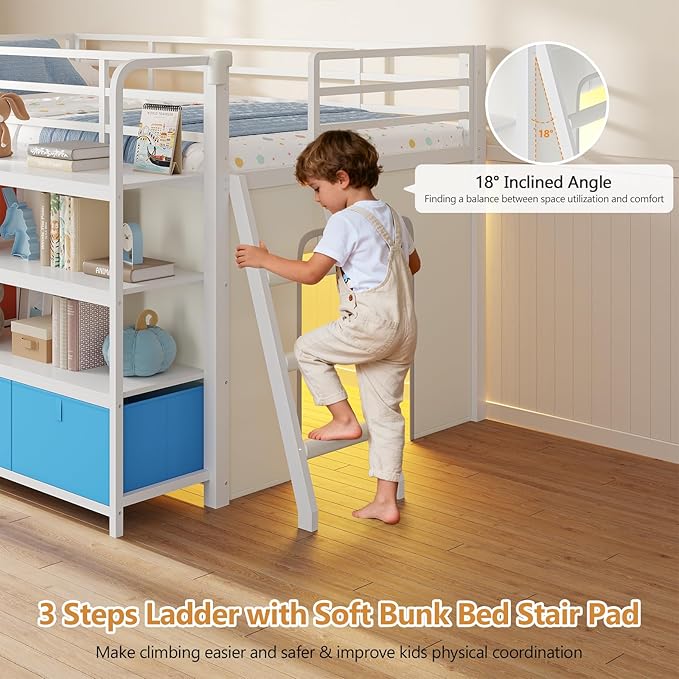 DICTAC Low Loft Bed with Desk and 6 Storage Drawers Twin Loft Bed with Bookshelf,LED Lights & Under-Bed Play Space,Kids Twin Beds with 13.8''H Safety Guardrail,Inclined Ladder & Play Curtain,Colorful