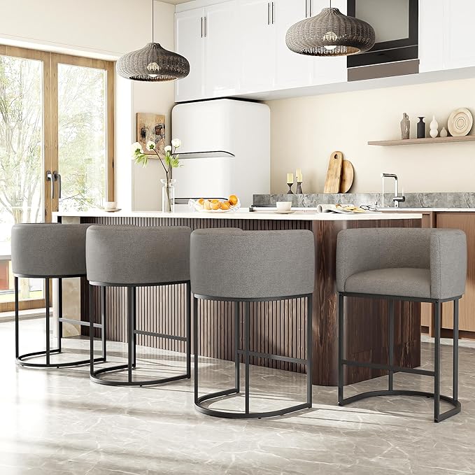 26" H Counter Height Bar Stools Set of 1, Modern Barrel Counter Stools with Backrest and Arms, Linen Fabric Upholstered Accent Barstools for Kitchen Island,Support 450 LBS (Gray)